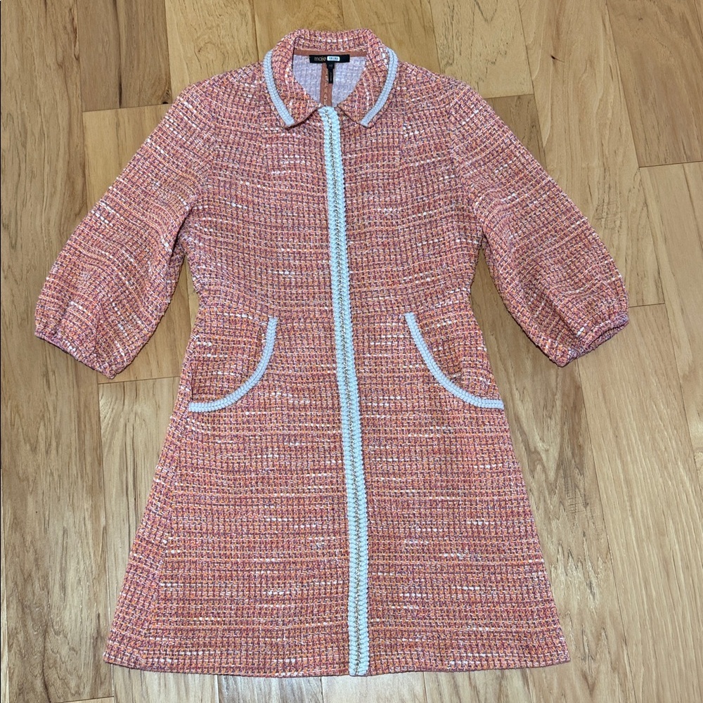 Maje Peach Tweed Mini Dress with White Trim - Picture 4 of 13